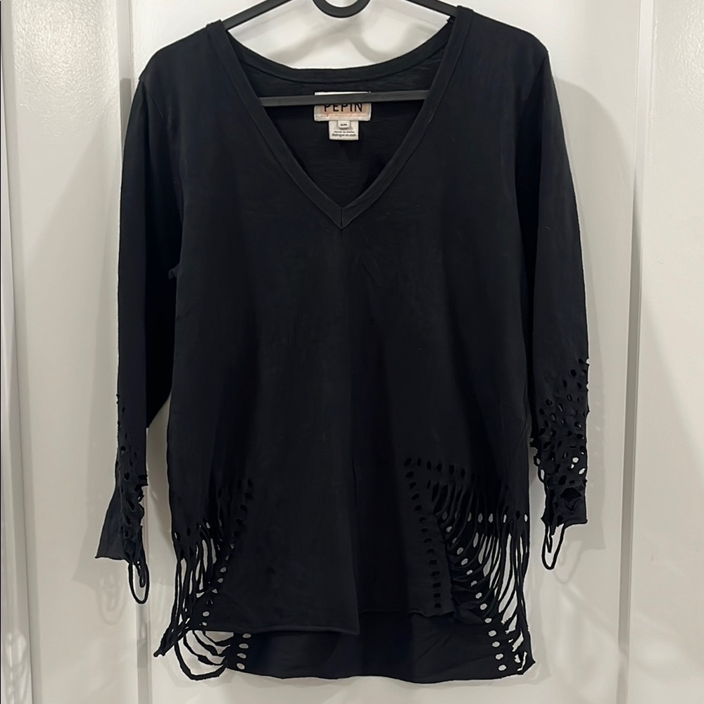 Black Scoop Neck 3/4 Sleeve Asymmetrical Blouse